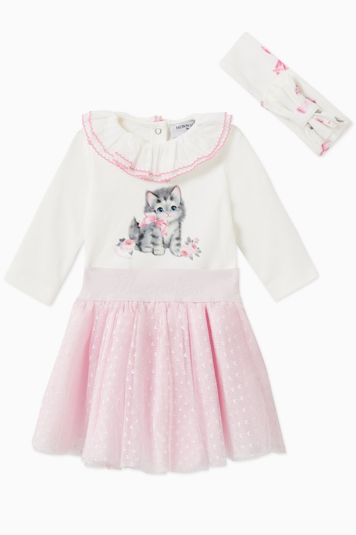 Kitten Bodysuit, Skirt & Headband Set in Jersey & Tulle, Pink