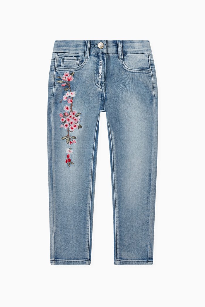 

Embroidered Floral Jeans in Denim, Blue