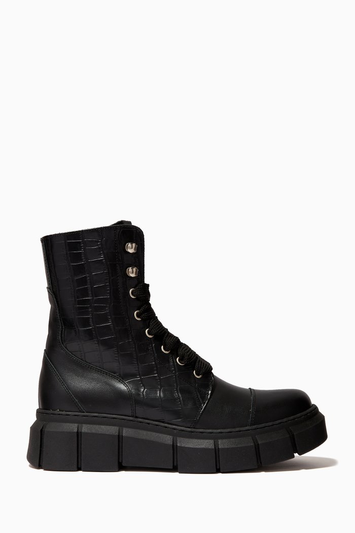 

Can Can Combat Boots in Croc-embossed Leather, Black