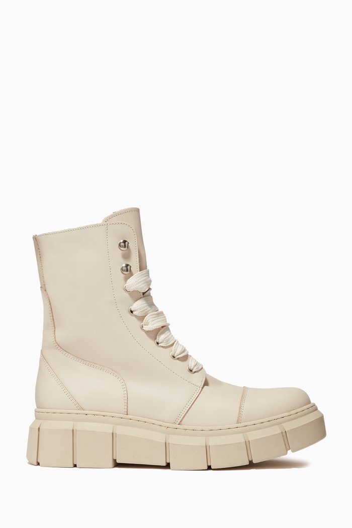 Can Can Combat Boots in Croc-embossed Leather, Neutral