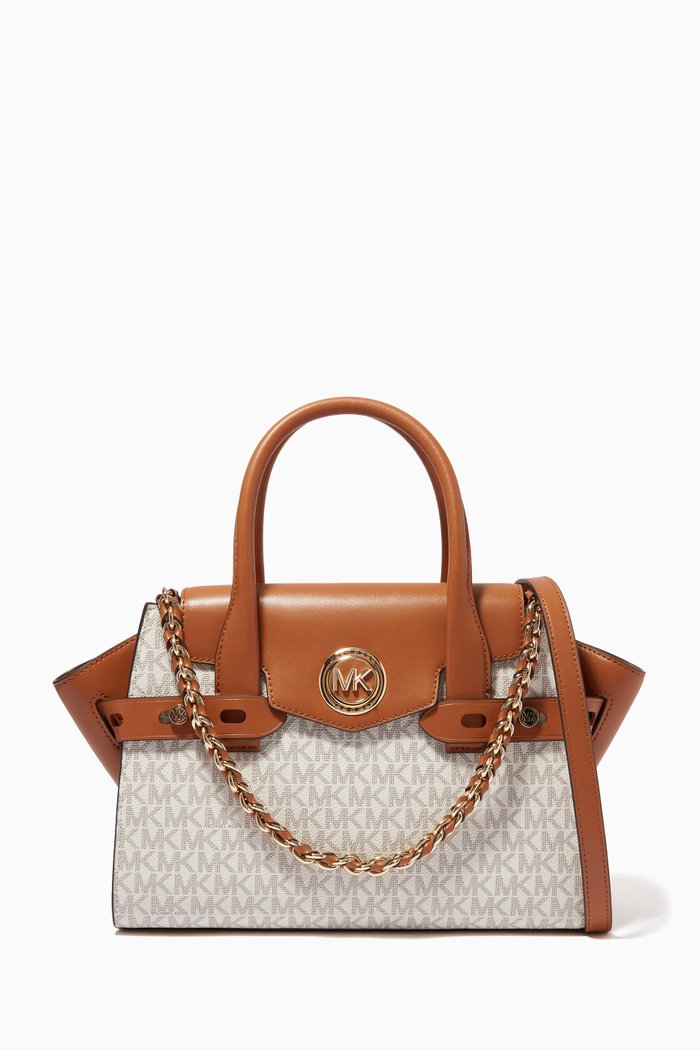 

Small Carmen Satchel Bag in Logo Canvas & Leather, White