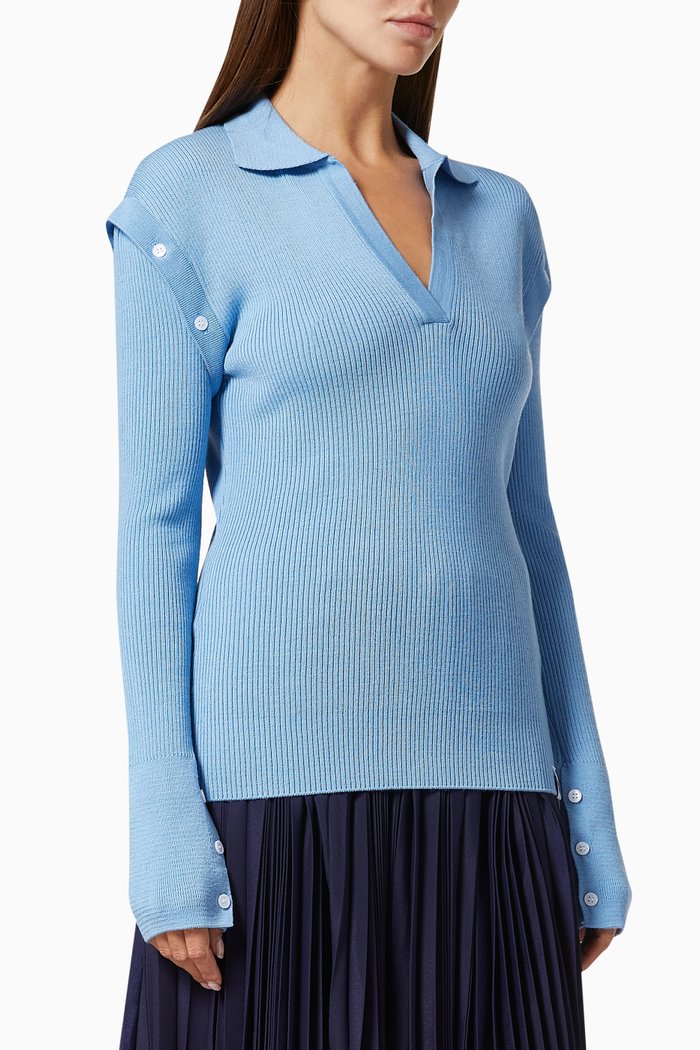 

Detachable Sleeves Top in Knit, Blue