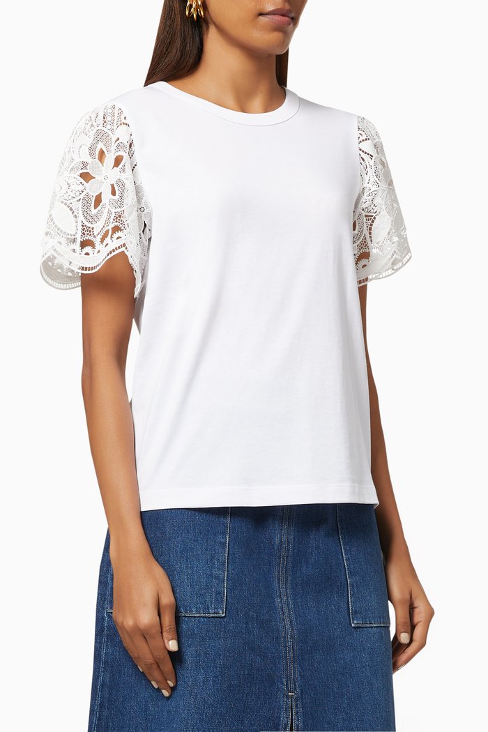 

Lace Sleeve T-shirt in Cotton Jersey, White
