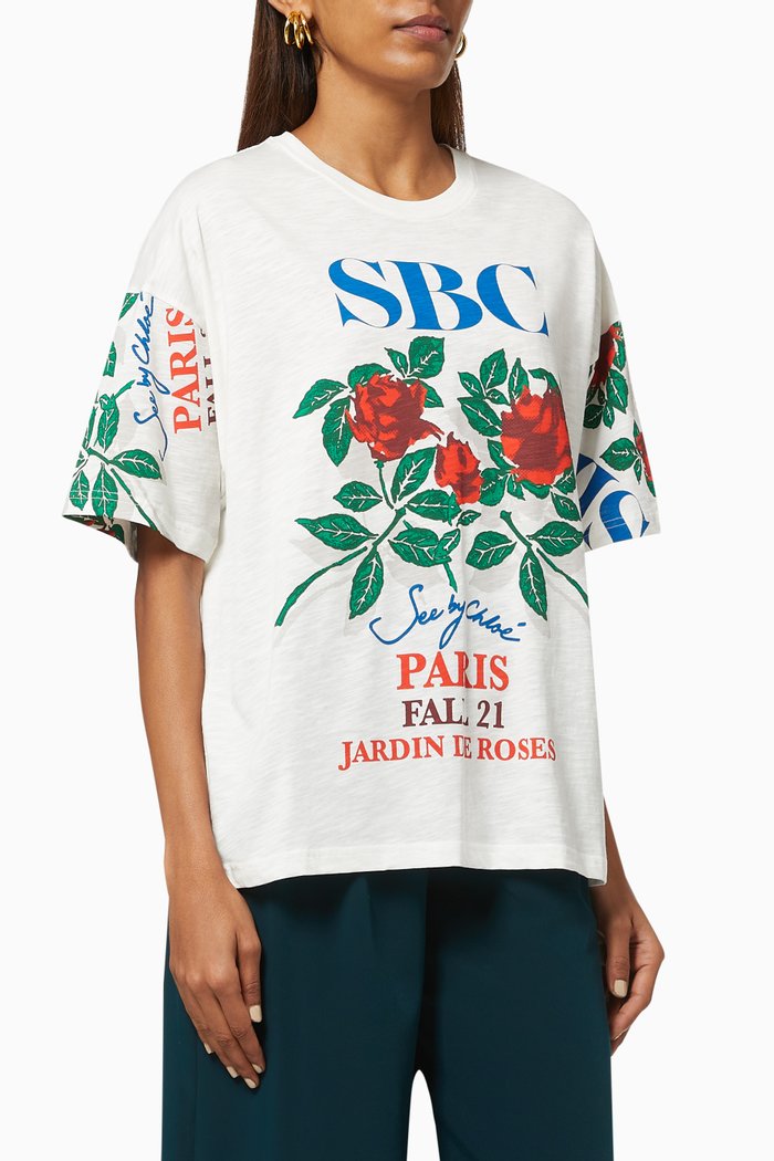 

Rose Print T-shirt in Organic Cotton Jersey, White