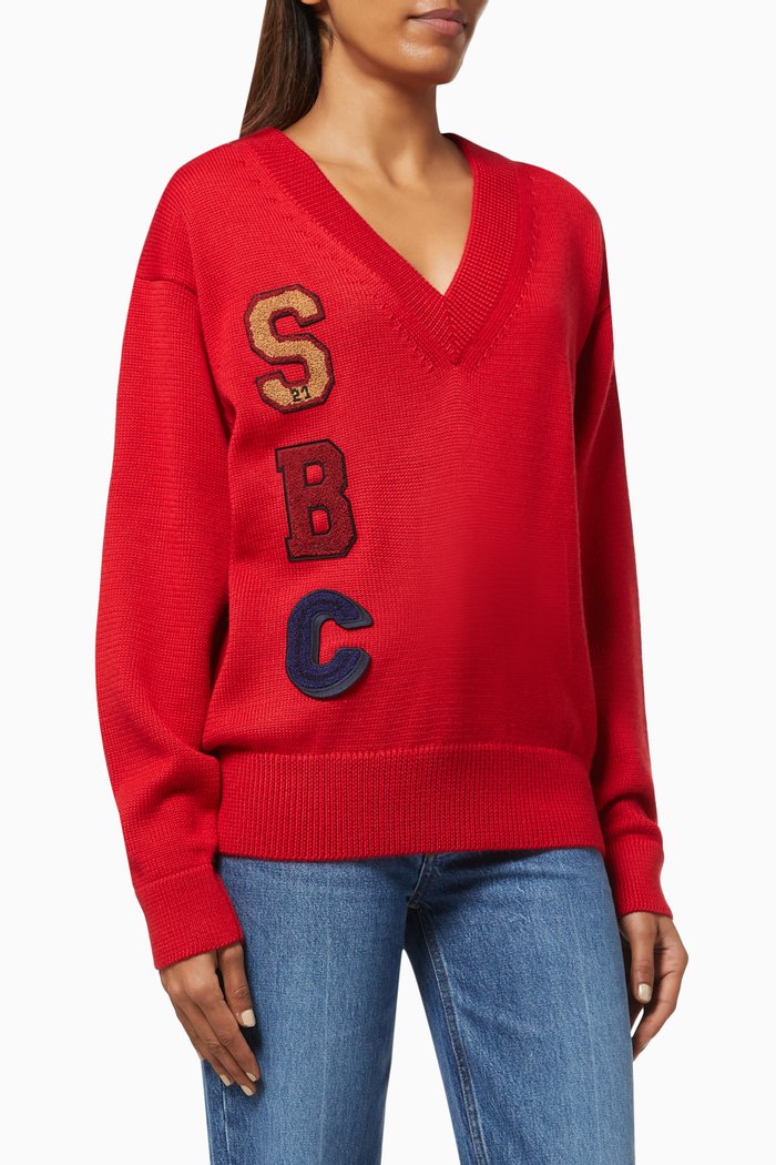 

Embroidered Patches Sweater in Recycled Wool Blend Knit, Red