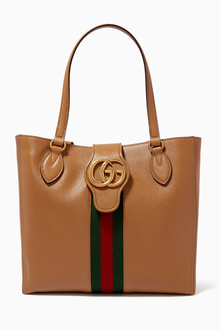 

Small Dahlia Tote with Double G & Web in Leather, Neutral