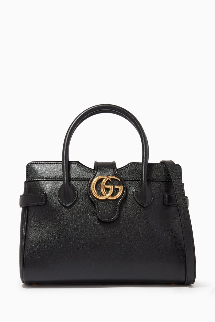 

Small Dahlia Top Handle Bag with Double G in Leather, Black