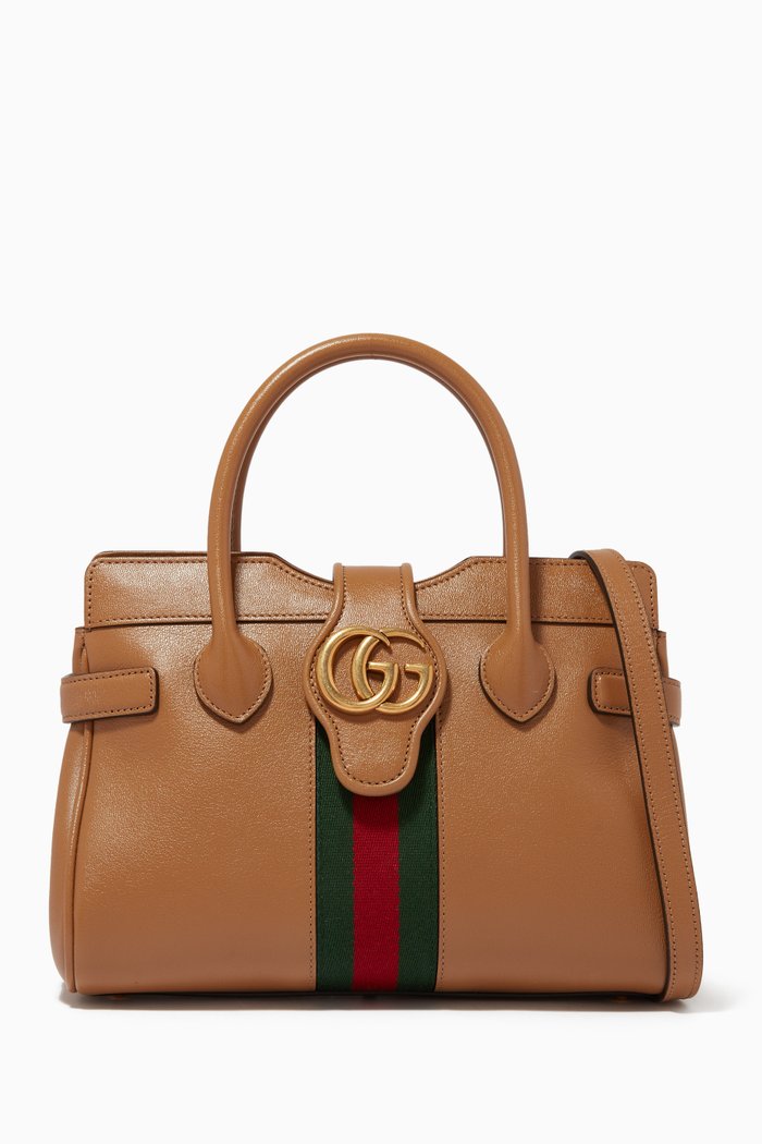 

Small Dahlia Top Handle Bag with Double G & Web in Leather, Neutral