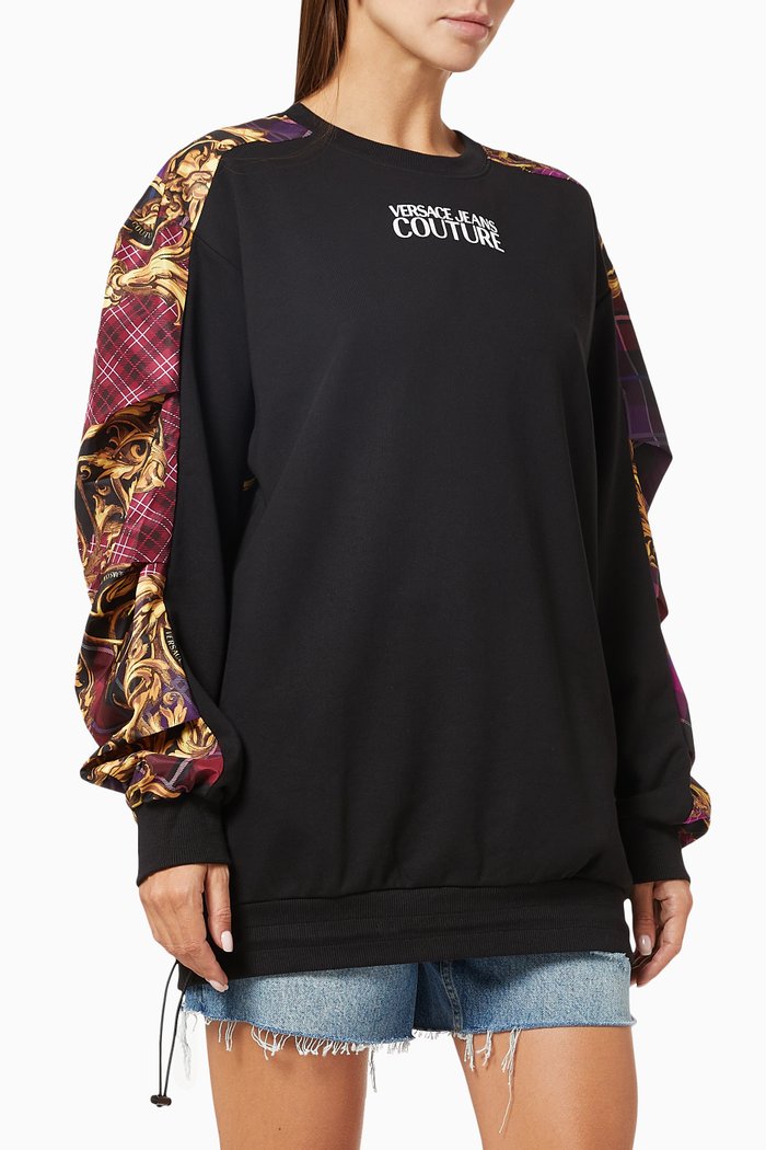 

Tartan Print Oversized Sweatshirt in Cotton, Black
