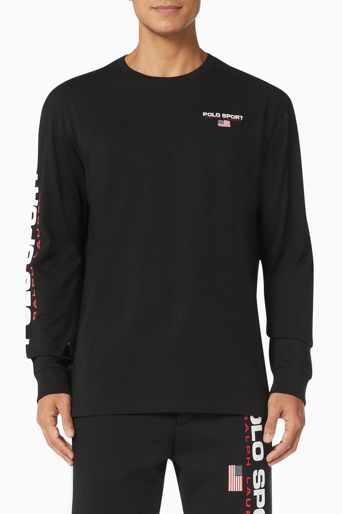 

Logo Print Long Sleeve T-shirt in Cotton Jersey, Black