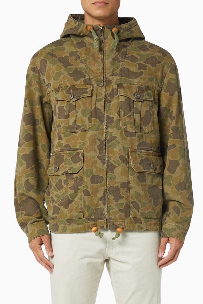 

Hooded Jacket in Camo Herringbone Twill, Green