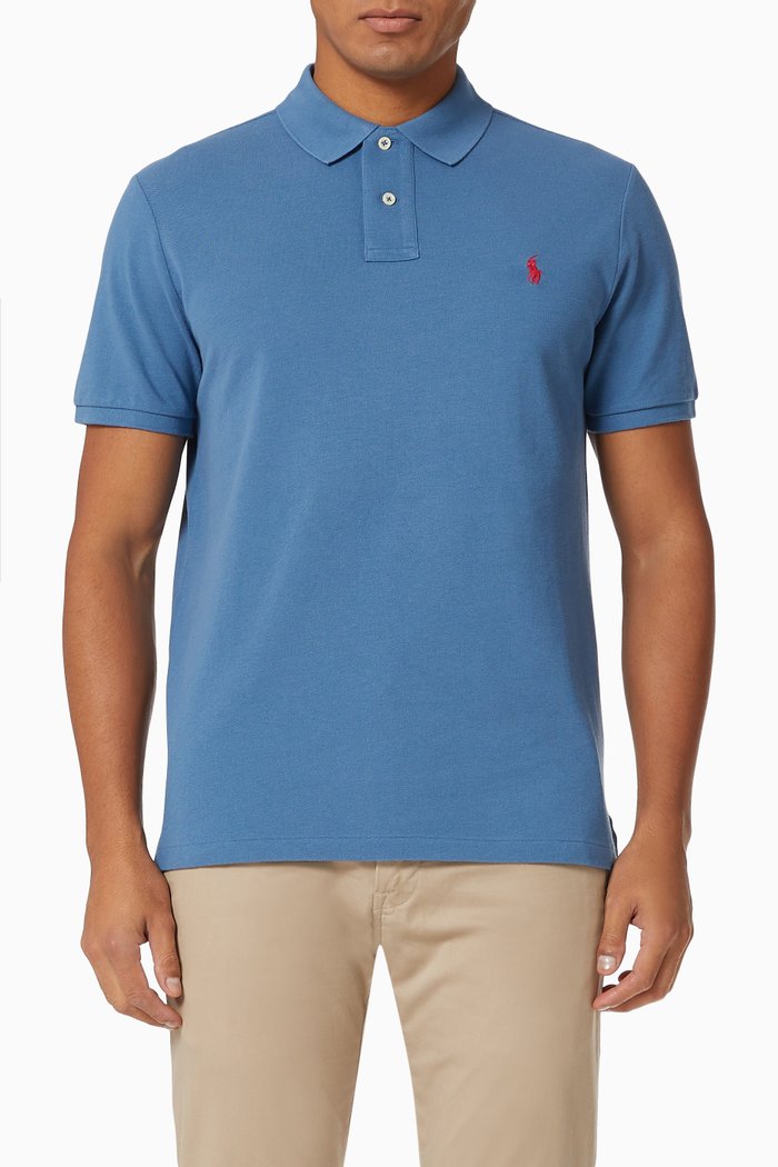 Custom Slim Fit Polo Shirt in Cotton Mesh, Blue