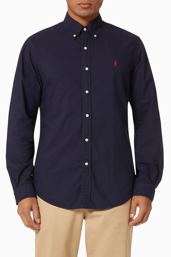 

Slim Fit Oxford Shirt in Garment-dyed Cotton, Blue