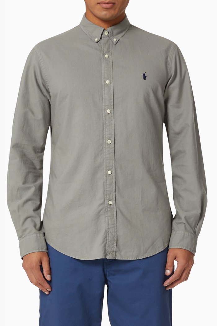 

Slim Fit Oxford Shirt in Garment-dyed Cotton, Grey