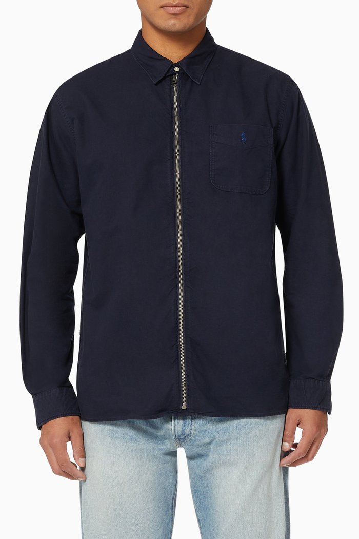 

Classic Fit Oxford Full-zip Shirt in Garment-dyed Cotton, Blue