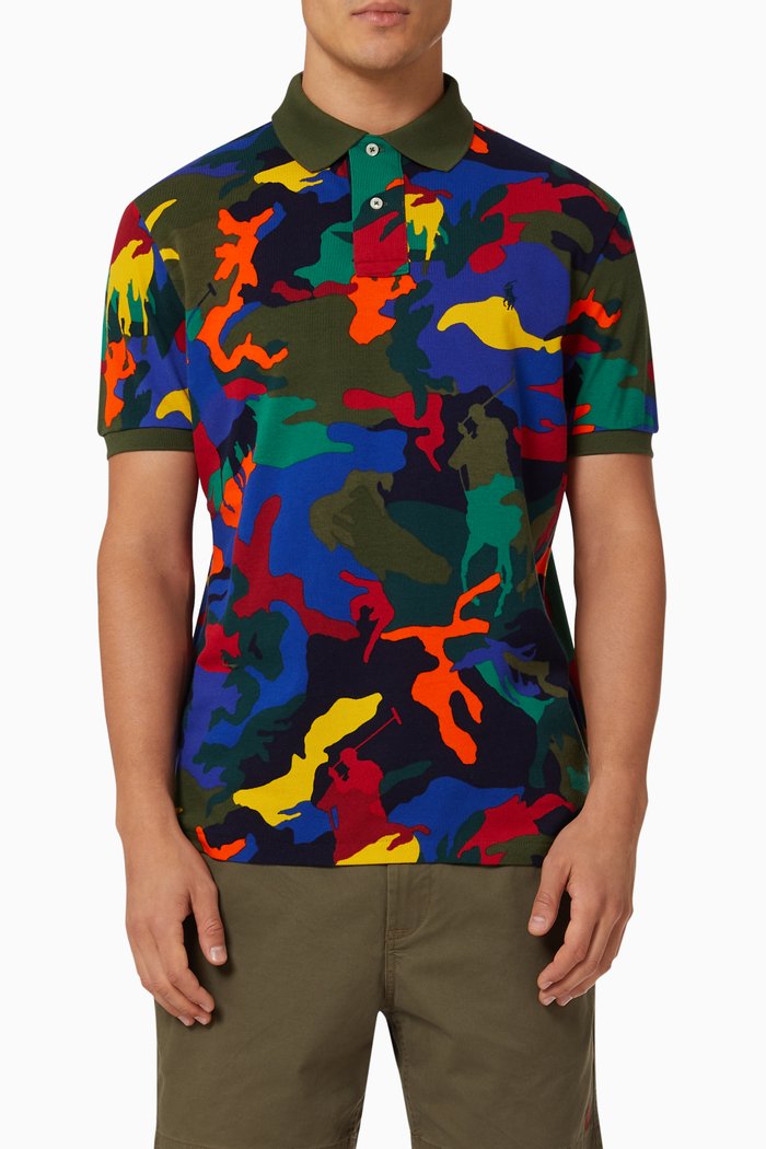 

Custom Slim Polo Pony Camo Polo Shirt in Cotton Mesh, Multicolour