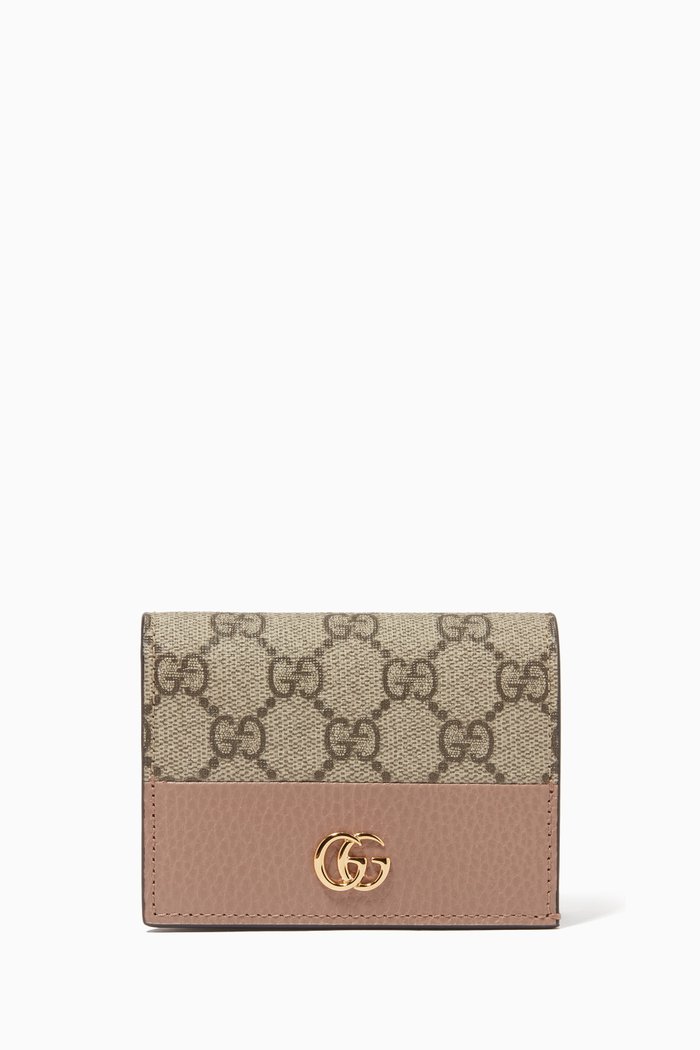 

GG Marmont Card Case Wallet in Leather & GG Supreme Canvas, Neutral