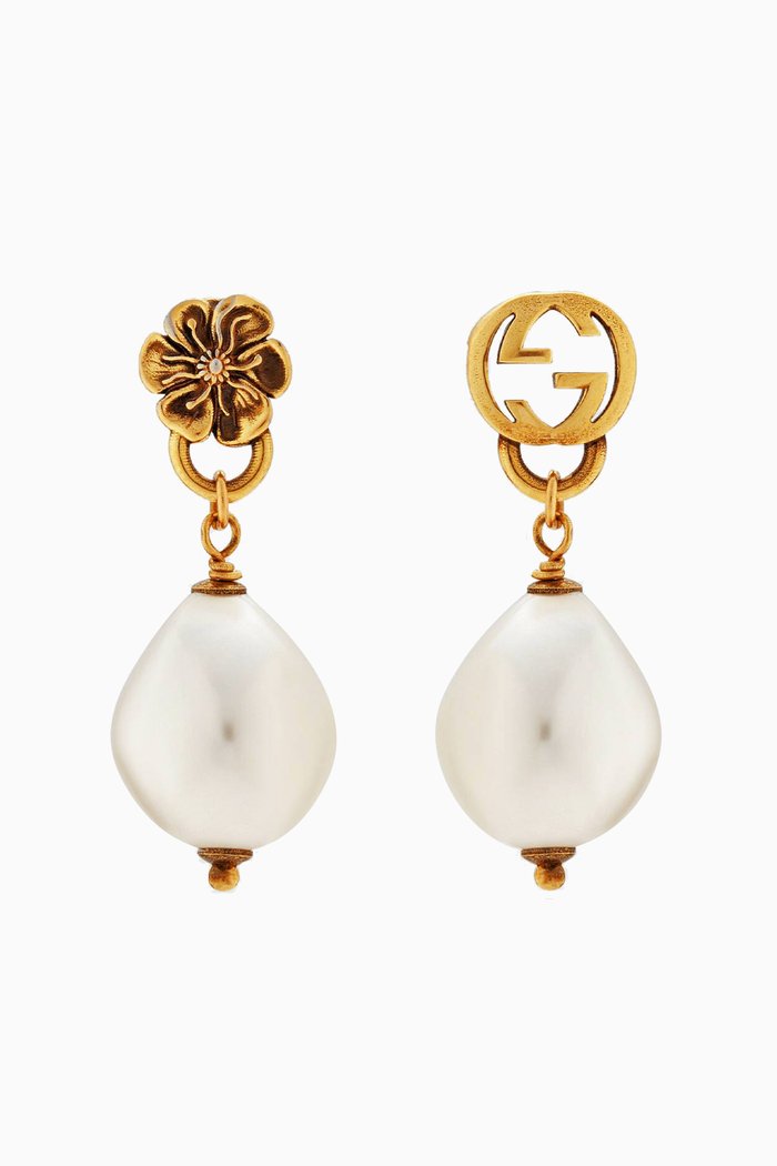 

Interlocking G Flower Pearl Earrings, Gold
