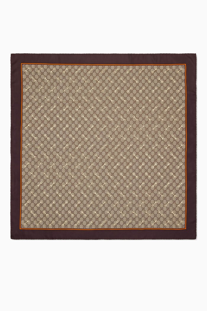 GG & Horsebit Print Scarf in Silk, Brown