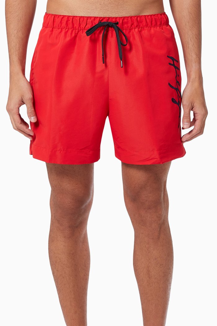 

Signature Logo Mid-length Swim Shorts in Recycled Polyester, Red