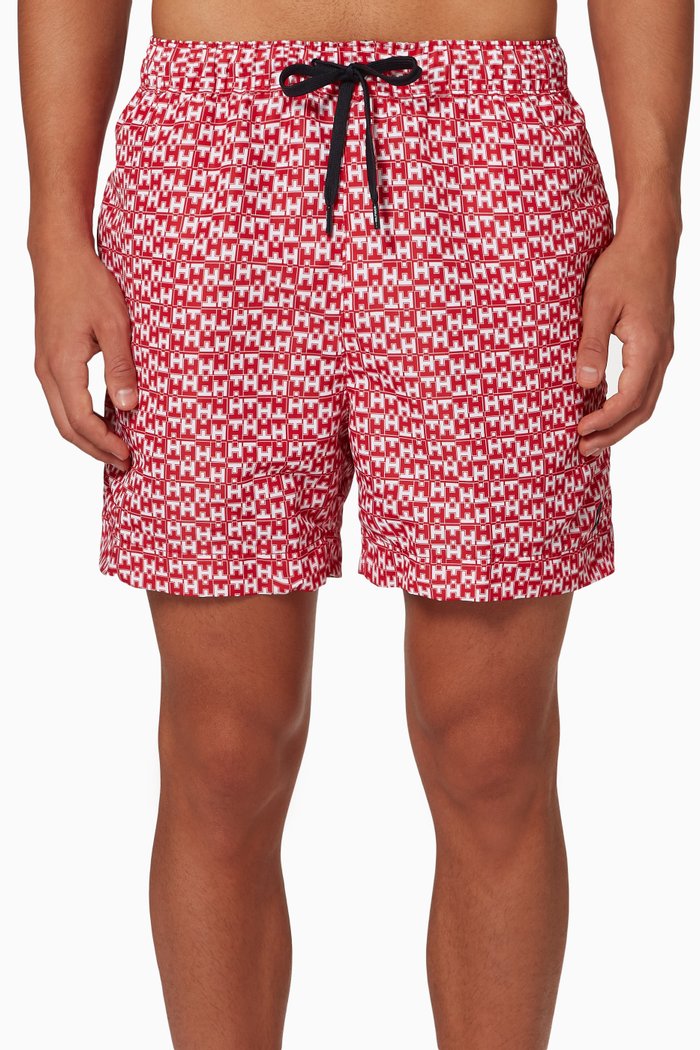 

Monogram Regular Fit Mid Length Swim Shorts in Recycled Polyester, Red