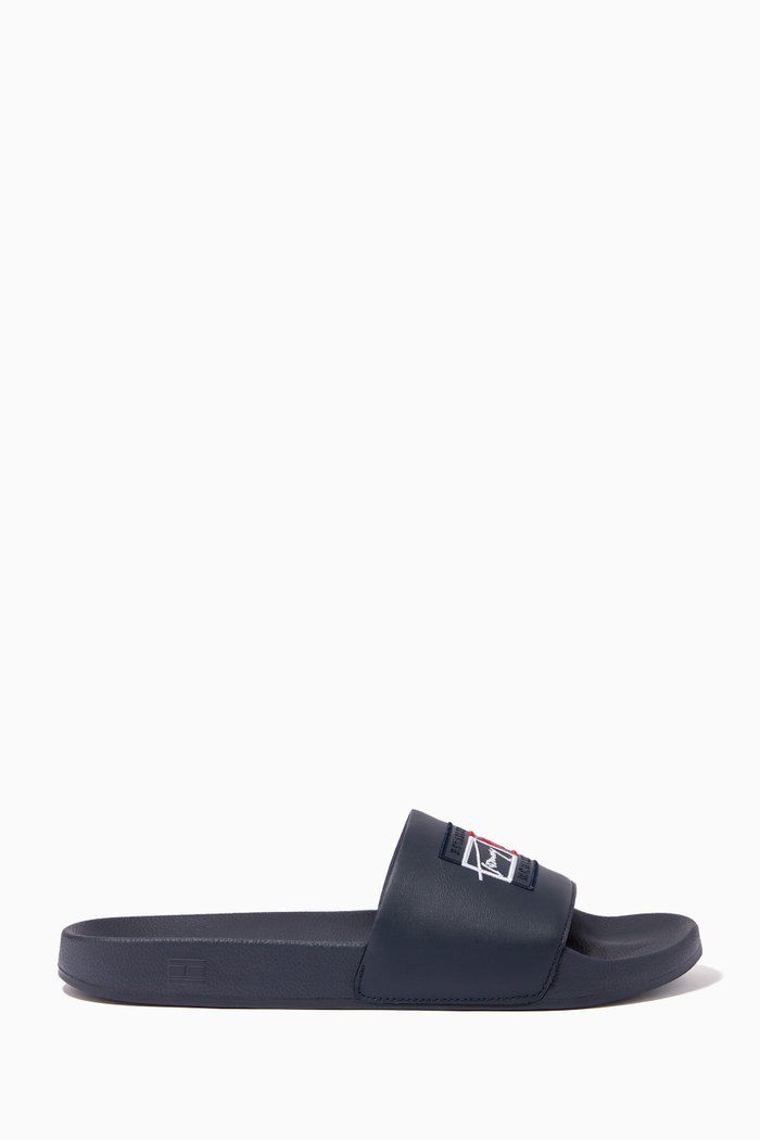 

Embroidery Signature Pool Slides in PU, Blue