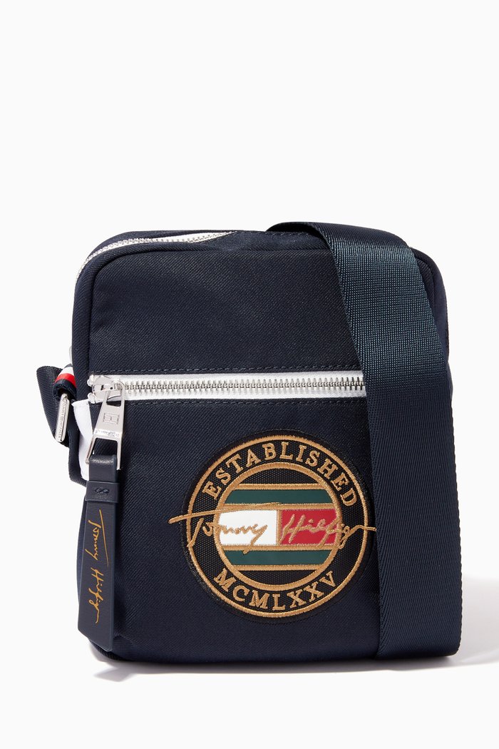 

Small Signature Logo Embroidery Crossover Bag in Recycled Polyester, Blue