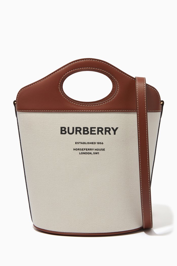 

Small Pocket Bucket Bag in Canvas & Leather, Neutral