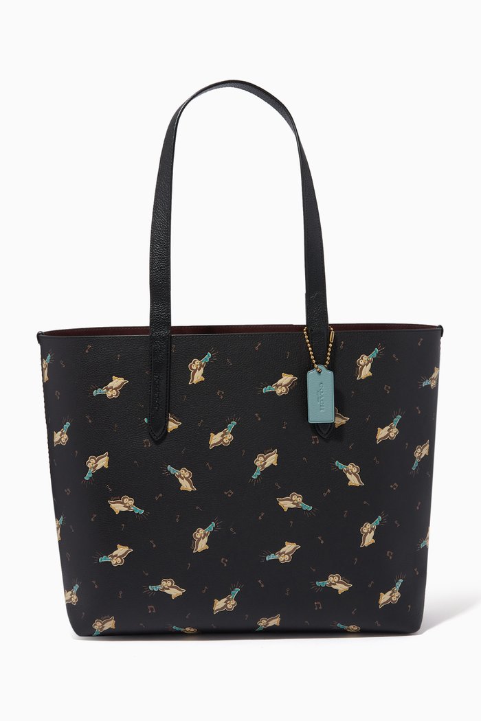 

Highline Tote Bag with Penguins Print in Pebble Leather, Black