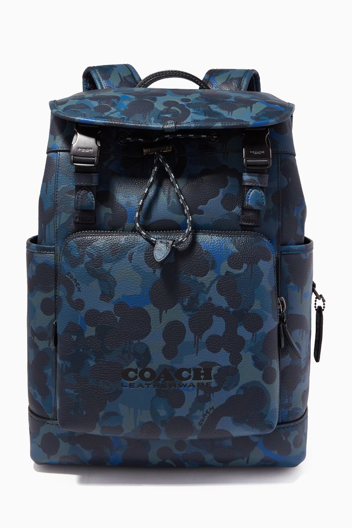 League Flap backpack in Camo Print Leather, Blue