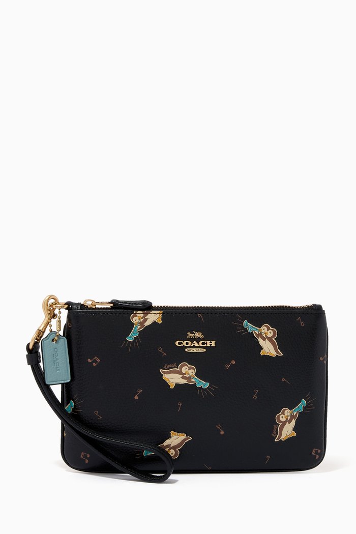 

Small Wristlet with Penguin Print in Leather, Black