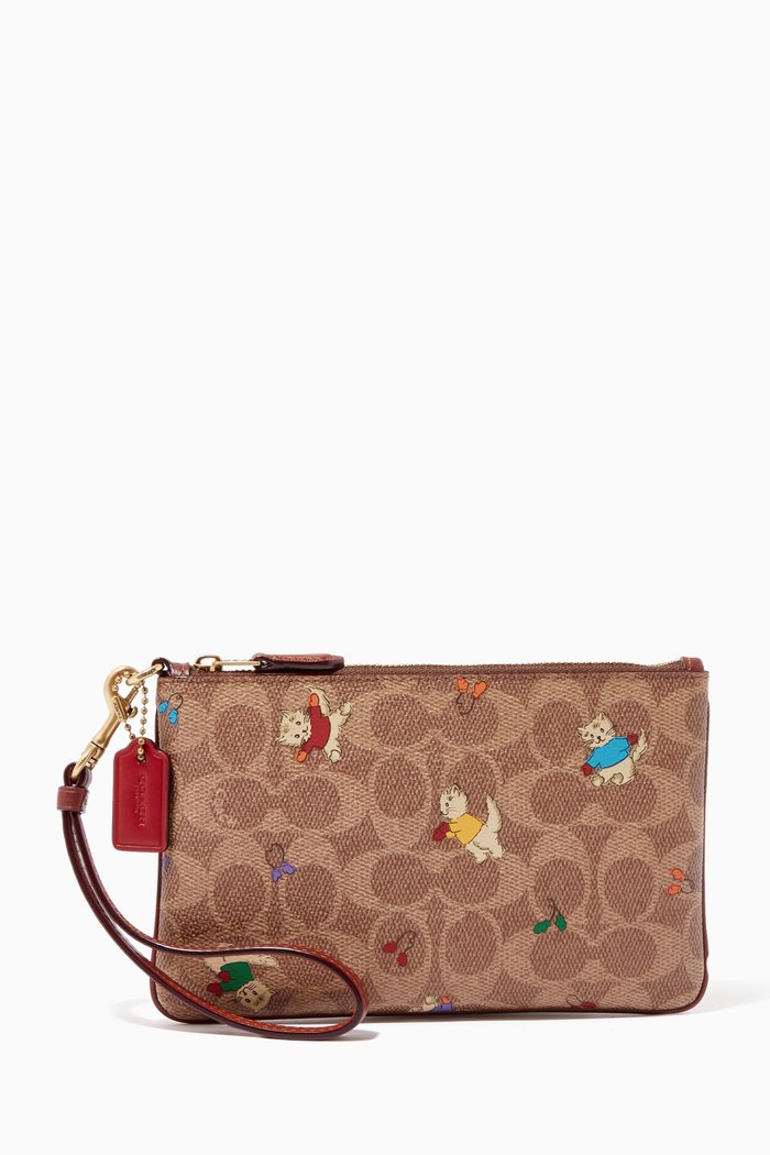 Small Wristlet with Kitten Print in Leather, Brown