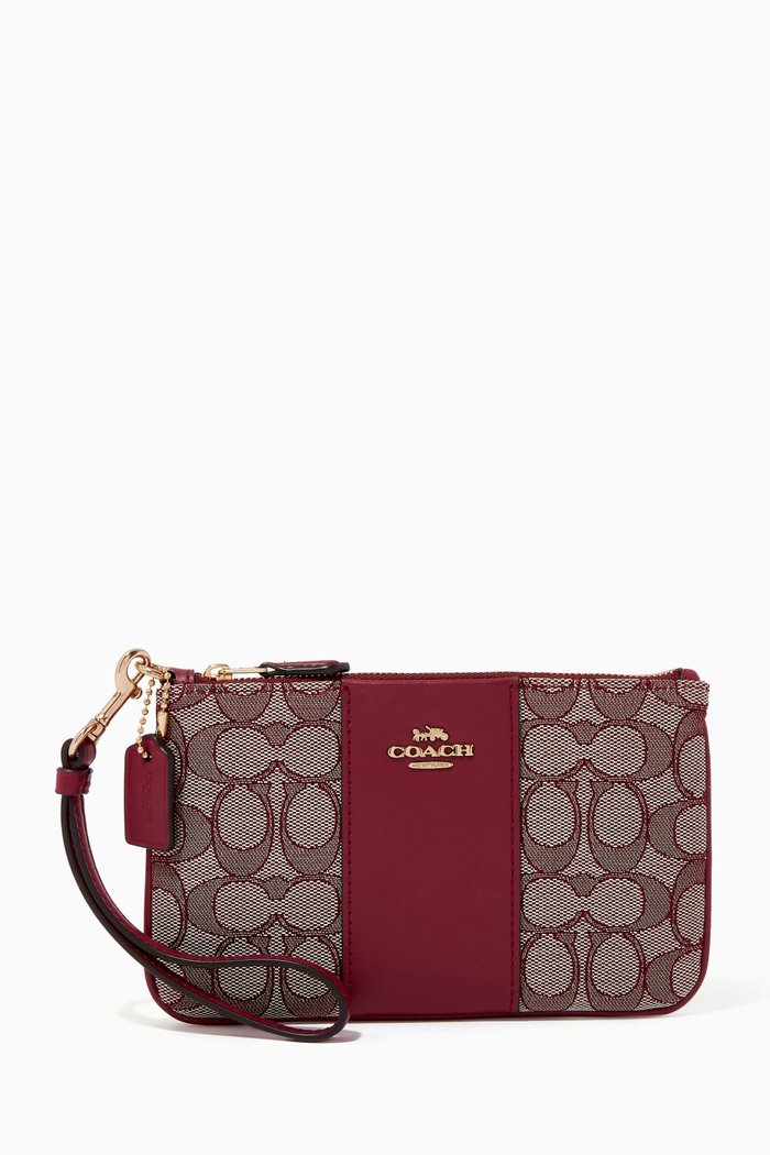 

Small Wristlet In Signature Jacquard and Leather, Brown