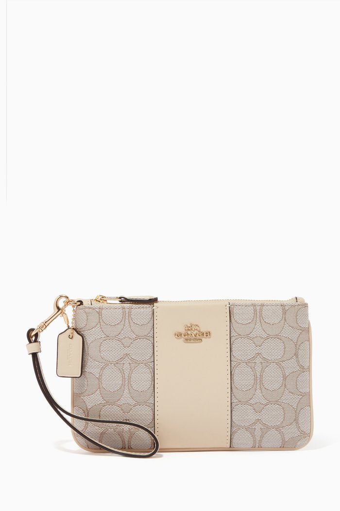 

Small Wristlet In Signature Jacquard and Leather, Neutral