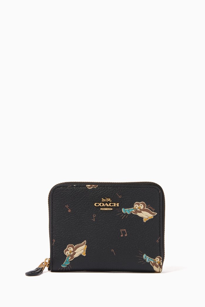 

Small Zip Wallet with Penguin Print in Leather, Black