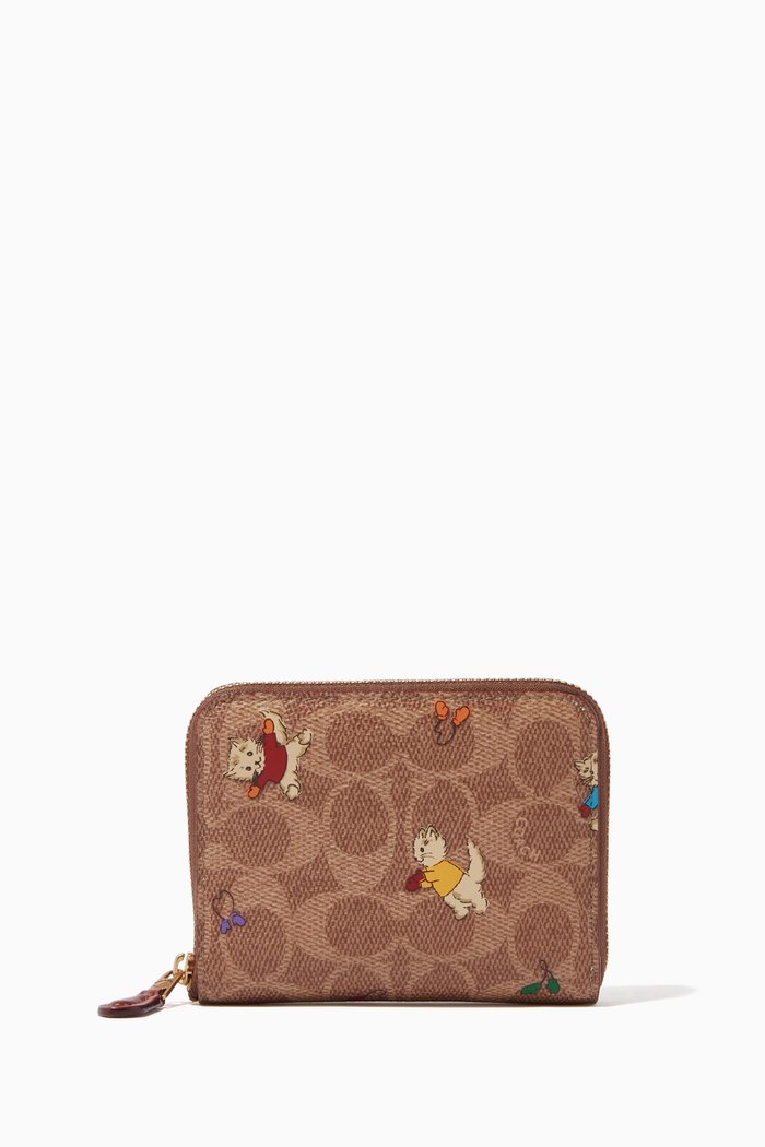 

Small Zip Wallet with Kitten Print in Signature Canvas, Brown