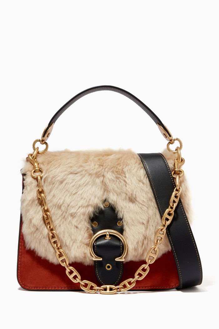 

Beat Shoulder Bag in Shearling & Mixed Leather, Brown