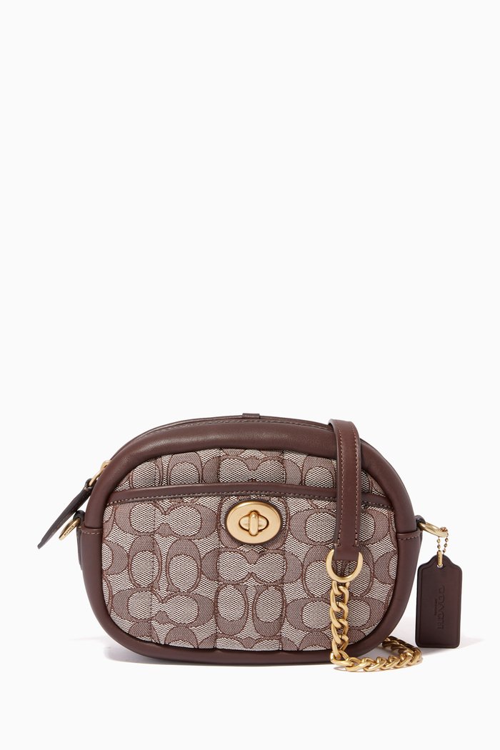 

Small Camera Bag with Quilting in Signature Jacquard, Brown