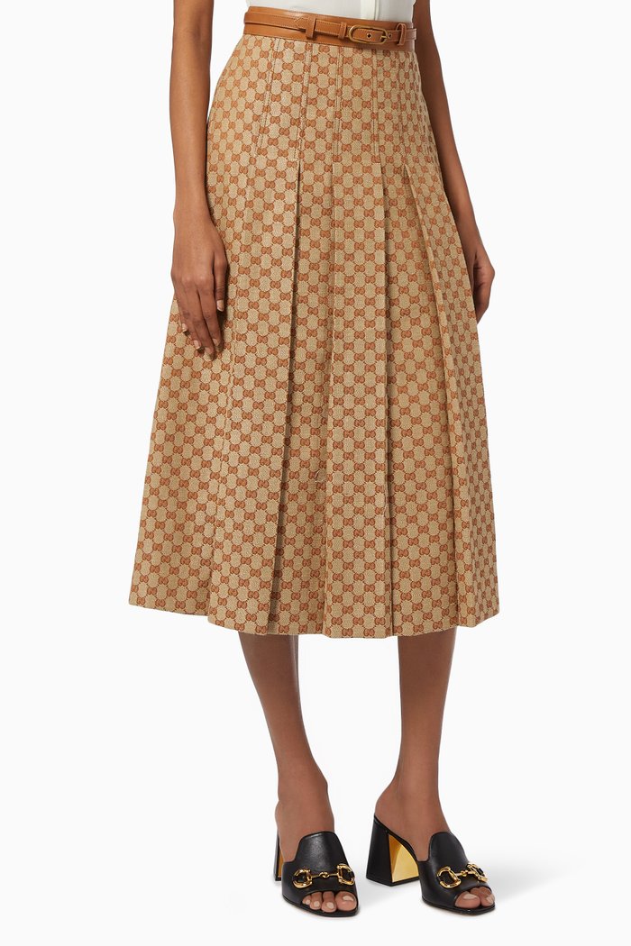 

Box Pleated Midi Skirt in GG Linen Canvas, Neutral