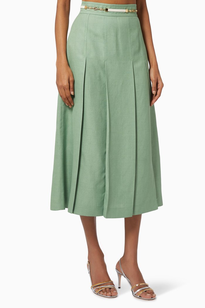 

Box Pleated Midi Skirt in Viscose Linen, Green
