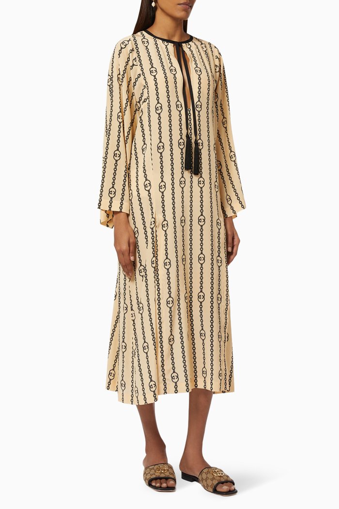 

Interlocking G Stripe Chain Print Kaftan in Silk, Neutral