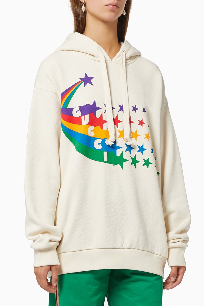 

Star Print Hooded Sweatshirt in Cotton Jersey, White