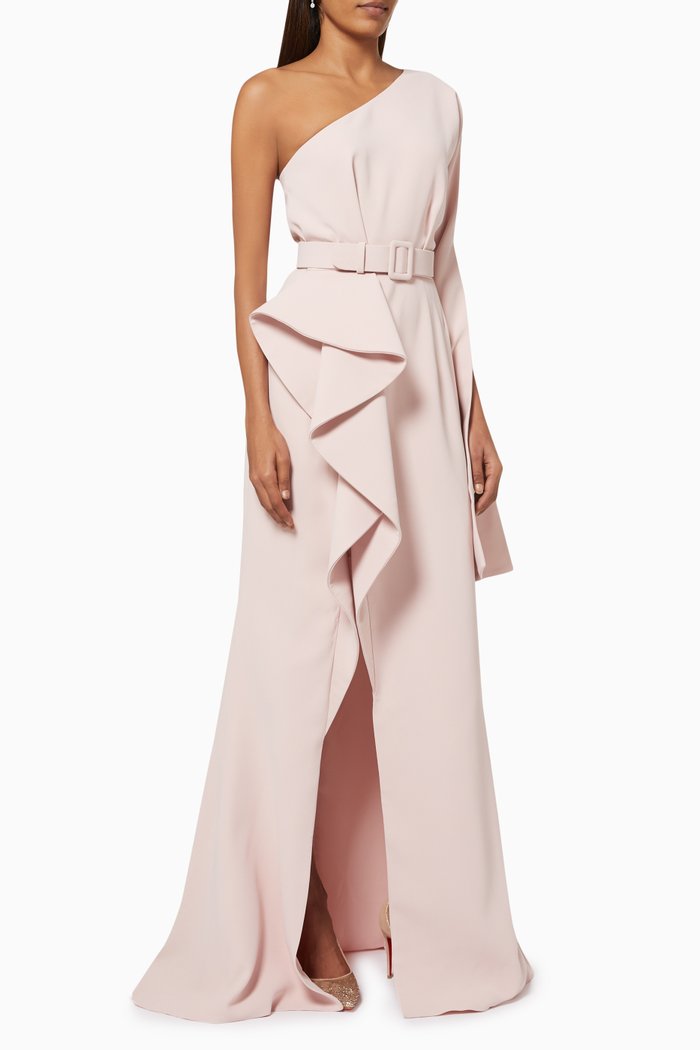 

Ruffle One Shoulder Dress in Crepe, Pink