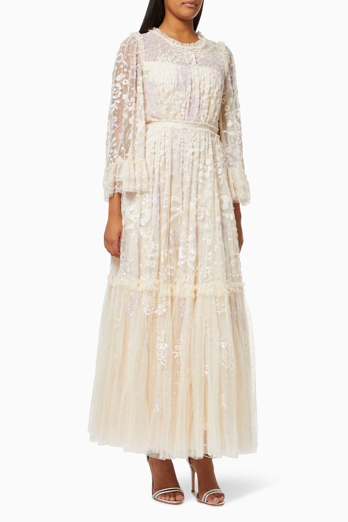 

Audrey Long Sleeve Ankle Gown in Sequinned Kisses Tulle, Neutral