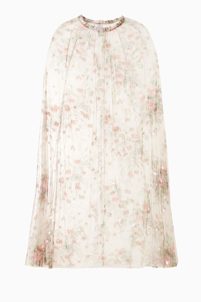 

Floral Swan Midaxi Cape in Sequinned Tulle, White