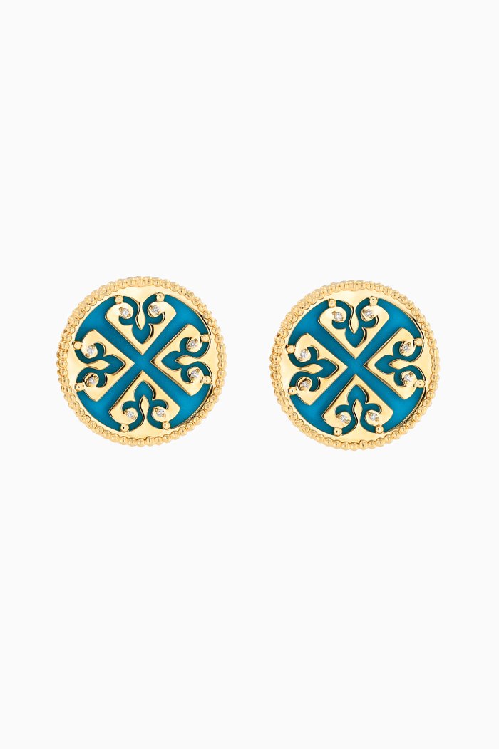 

Lace Stud Earrings with Diamonds & Turquoise in 18kt Yellow Gold