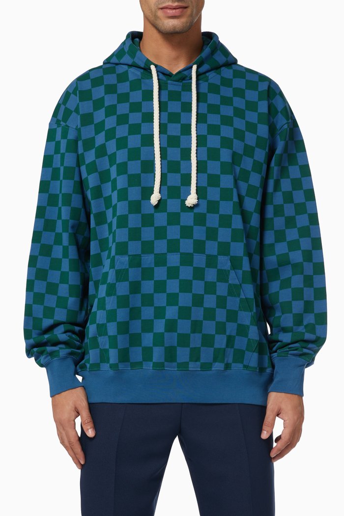 

Checkerboard Hoodie in Cotton Jersey, Blue