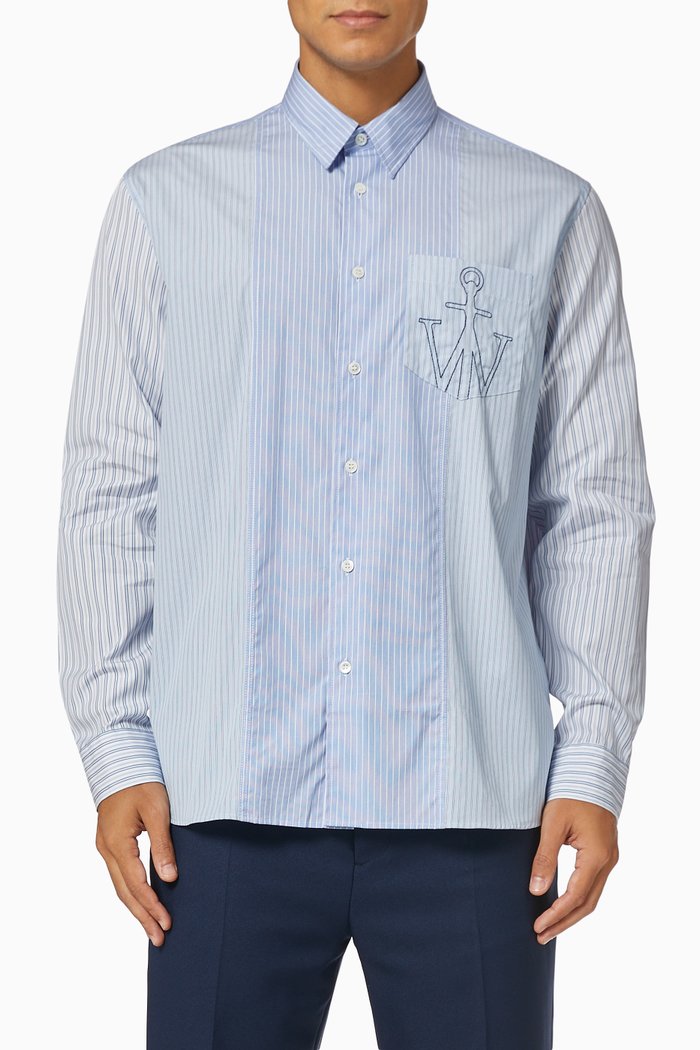 

Stripe Patchwork Shirt in Cotton, Blue