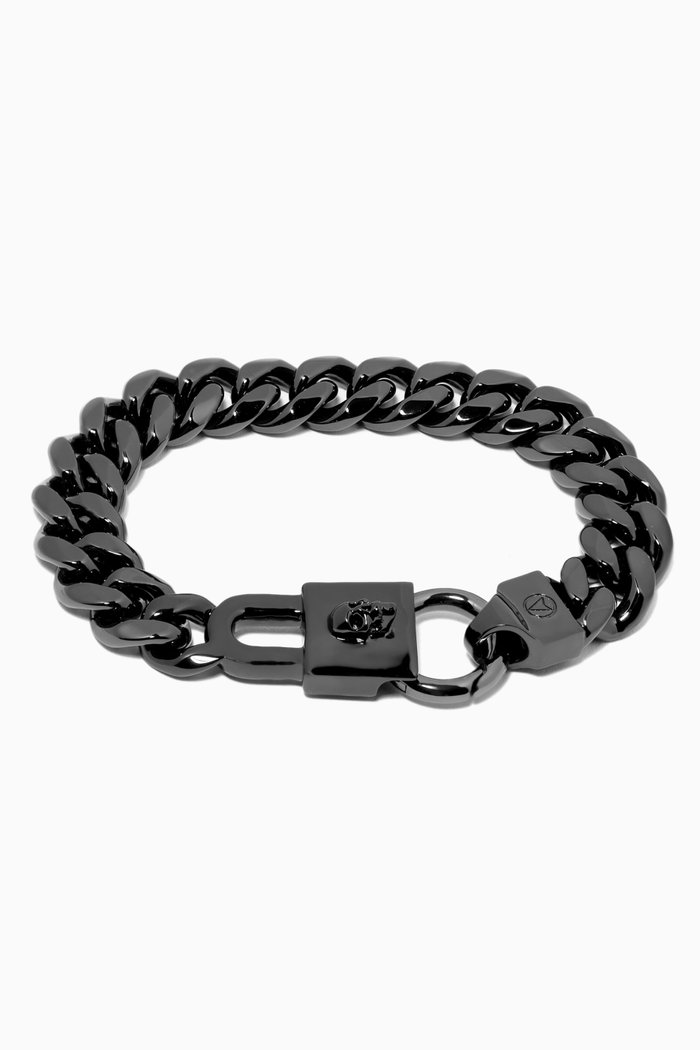 Atticus Skull Padlock Chain Bracelet in Gunmetal-plated Brass, Silver