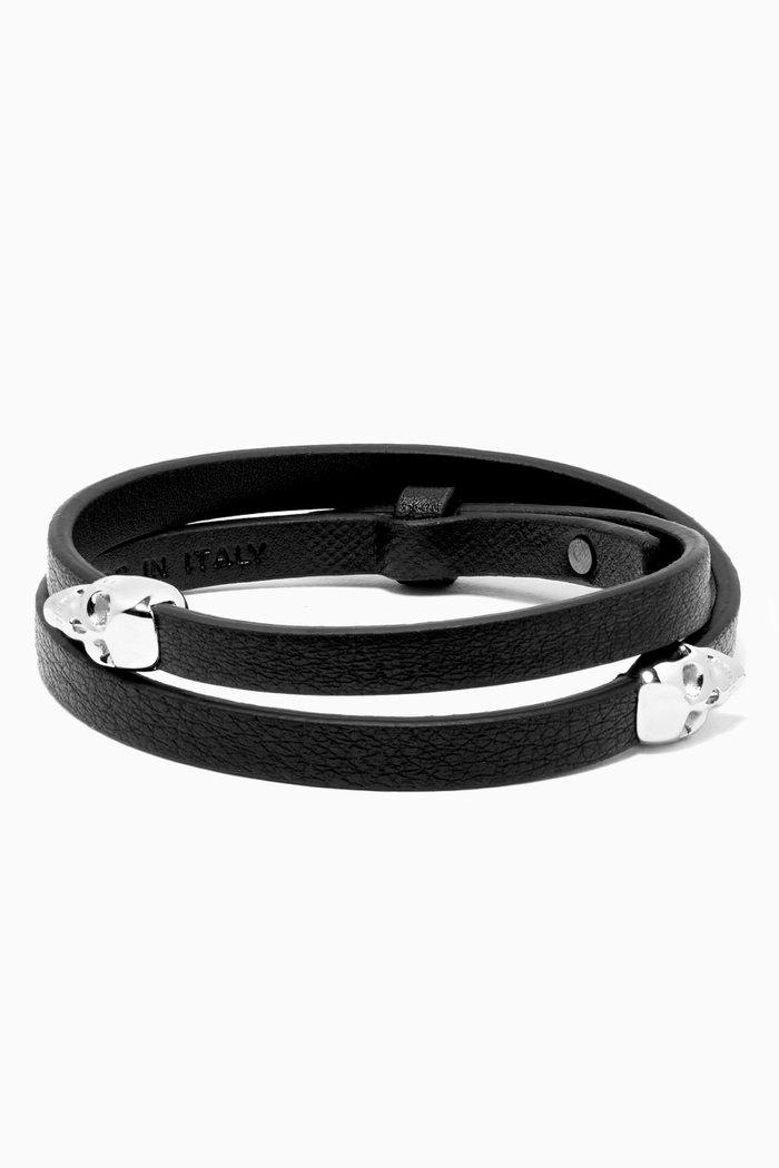 

Atticus Skull Double Wrap Bracelet in Leather & Silver-plated Steel
